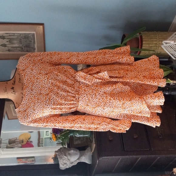 Boutique Mustard Yellow and White Floral Print Long Sleeve Faux Wrap Mini Dress - Picture 2 of 16